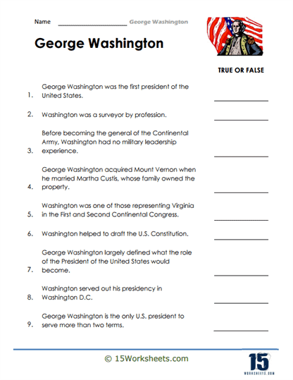 George Washington Facts worksheet for second graders to enhance reading comprehension