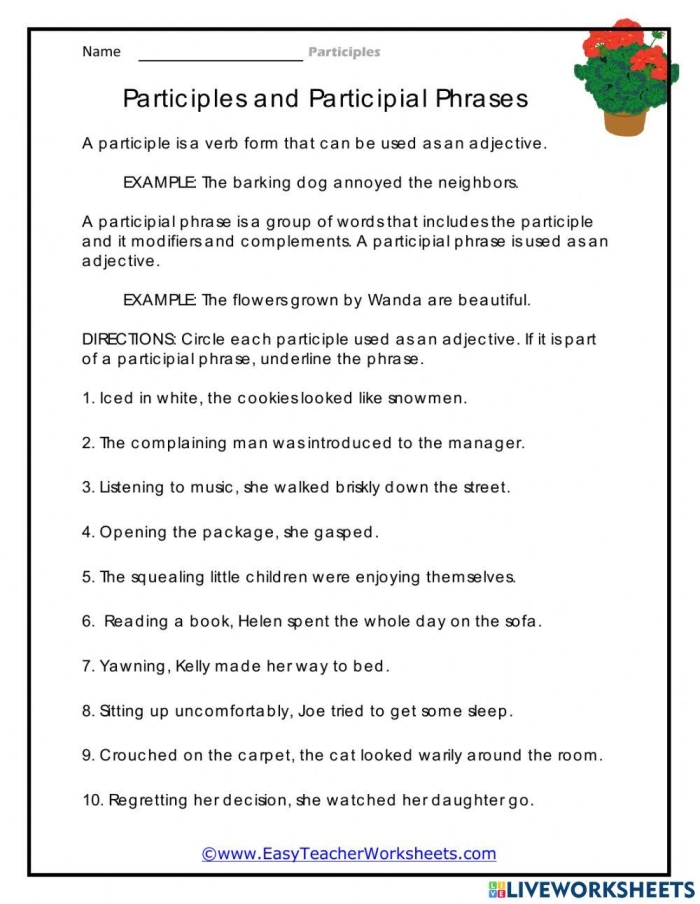 Students identifying and labeling gerund, infinitive, and participial phrases in a seventh grade grammar practice exercise