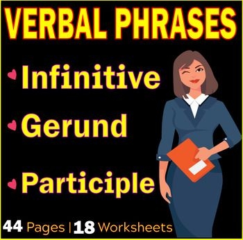 A seventh grade grammar worksheet showing exercises on gerund, infinitive, and participial phrases with practice sentences for students to identify and differentiate between phrase types