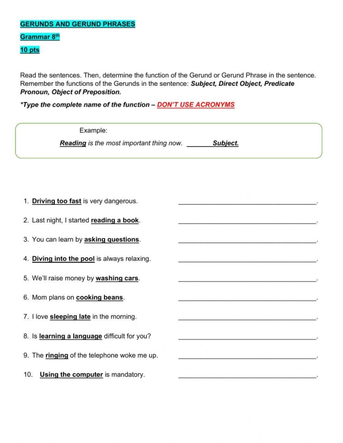 Students completing a grammar worksheet exercise on identifying gerund, infinitive, and participial phrases with example sentences and answer blanks