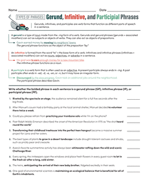 A seventh grade grammar worksheet showing exercises for identifying gerund, infinitive, and participial phrases with example sentences