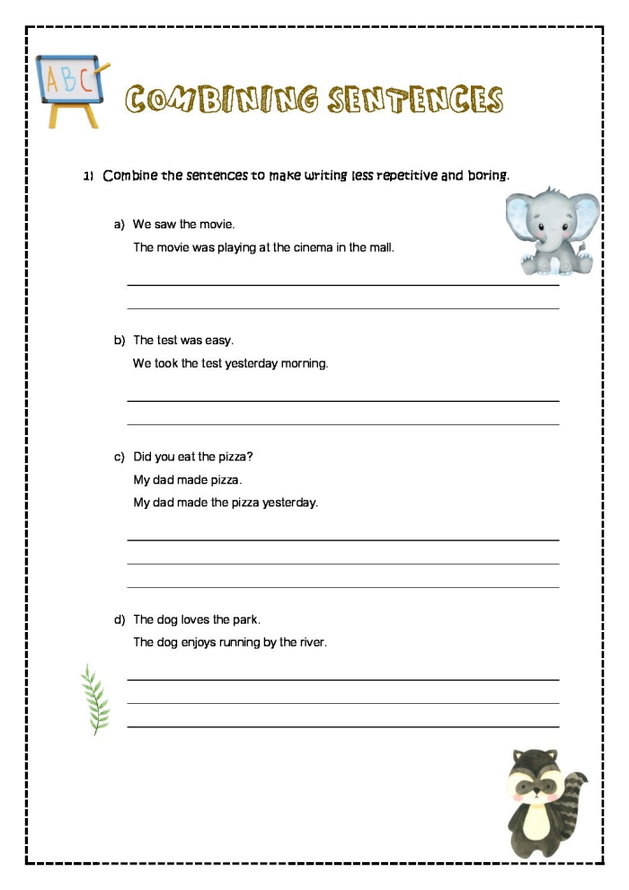Young students working on the Get Crafty: Combining Sentences worksheet to enhance their grammar skills. Image depicting a colorful worksheet designed for third graders focusing on sentence construction.