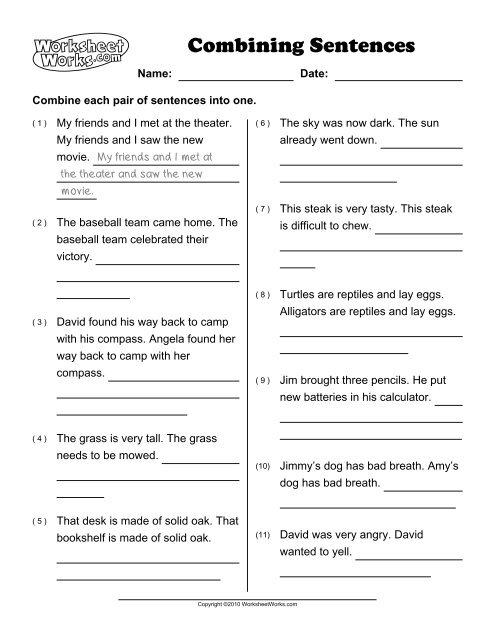 Young students engage in sentence combining exercises with the Get Crafty worksheet. Third-grade grammar practice: Combining Sentences worksheet for young writers.