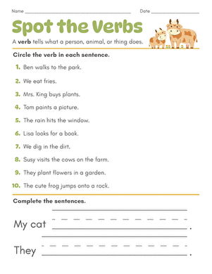 Engaging Get into Grammar: Verb Fill-In activity for young learners. Cute verb fill-in worksheet for first graders to practice grammar skills.