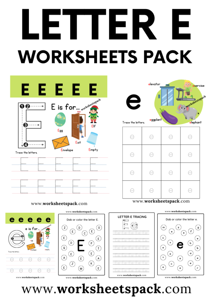Colorful worksheet focused on the letter E for preschool reading practice