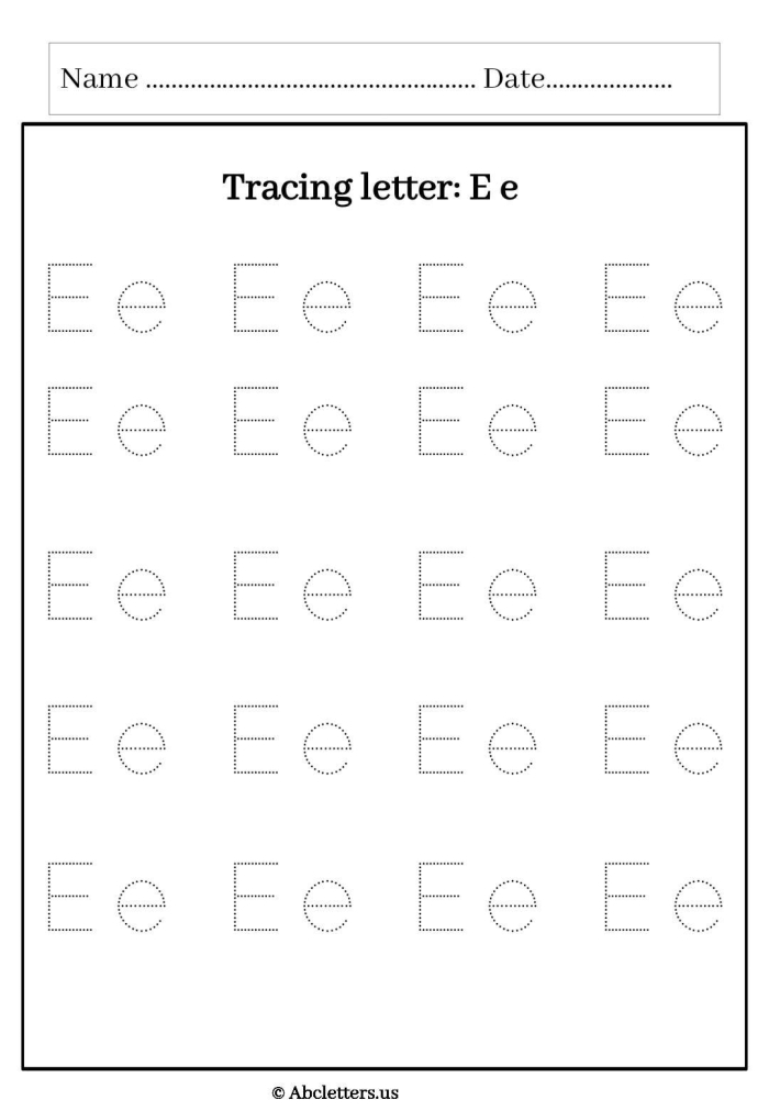 Colorful worksheet focusing on the letter E for preschool reading readiness