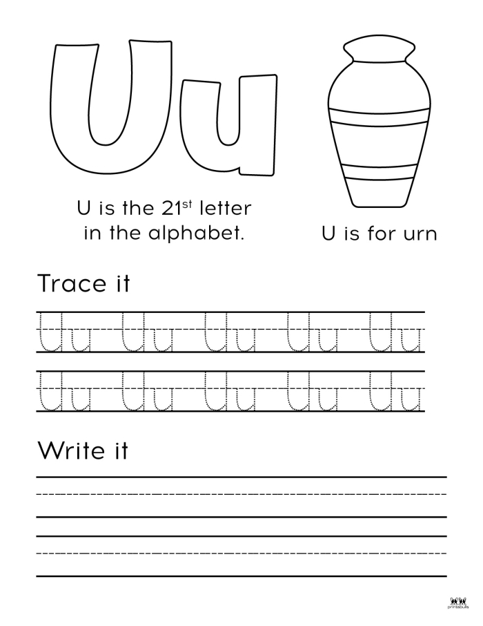 Get Ready for Reading: All About the Letter U for Pre-K Phonics Worksheet featuring activities for preschoolers to learn about the letter U through tracing and identification