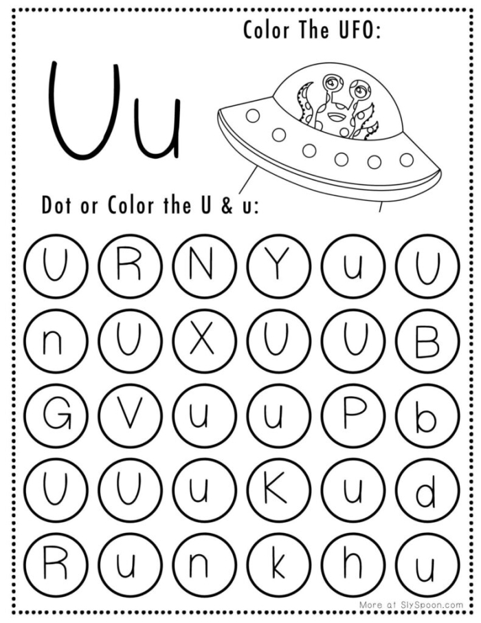 Phonics worksheet for Pre-K Worksheet featuring activities focused on the letter U for preschoolers to trace and identify. Fun and engaging phonics practice for early readers in Pre-K.