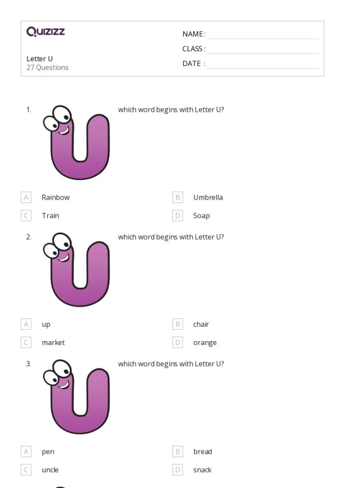 Phonics worksheet for Pre-K Worksheet for preschoolers focusing on the letter U, featuring tracing and identification activities. Get Ready for Reading: All About the Letter U worksheet for early phonics practice.