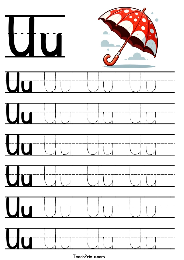 Phonics worksheet for Pre-K Worksheet for preschoolers focused on the letter U, featuring tracing and identification activities. Engaging phonics practice for early readers with the letter U.