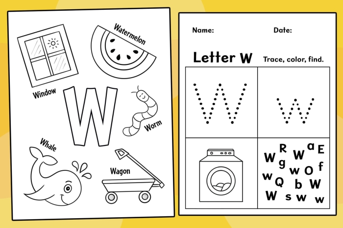 Get Ready for Reading: All About the Letter W for Pre-K learners Worksheet for practicing the letter W with writing and identification activities