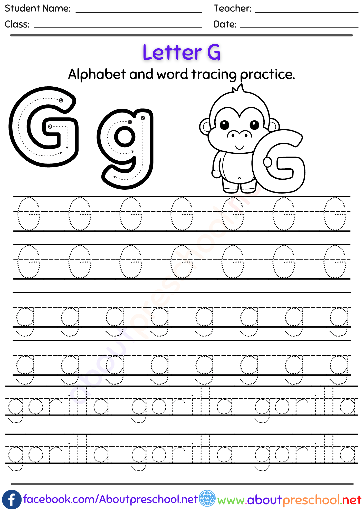 Get Ready for Reading: Engaging Letter G Worksheet for Pre-K Learners Worksheet focusing on the letter G for preschool reading practice