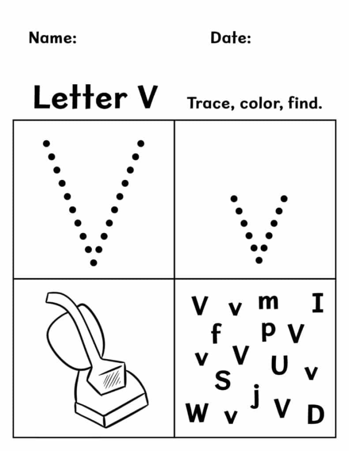 Get Ready for Reading: All About the Letter V worksheet for Pre-K learners Worksheet featuring activities focused on the letter V for preschoolers learning to read