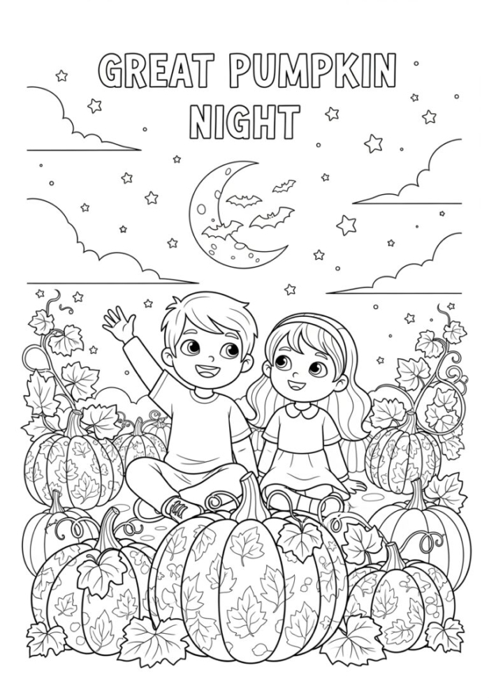 Reading worksheet for Kindergarten Giant pumpkin coloring page featuring two children lifting a massive pumpkin, ideal for autumn fun. Worksheet image for kindergarten reading activities focused on creativity and fall themes.