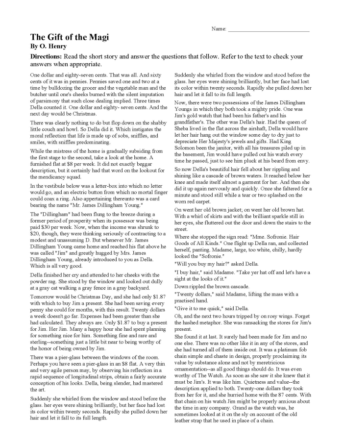 Worksheet for Extended Reading Comprehension on "The Gift of the Magi" for seventh graders