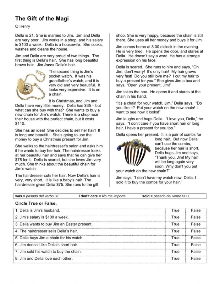 Extended Reading Comprehension worksheet featuring "The Gift of the Magi" for seventh graders