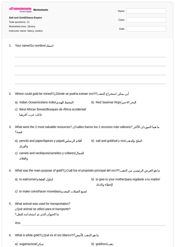 Sixth grade students exploring a reading passage about the ancient West African gold and salt trade with fraction math problems