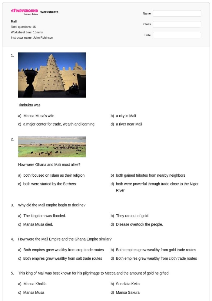 Worksheet featuring educational content on the Gold and Salt Trade in West Africa