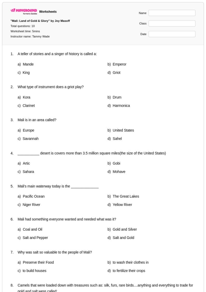Worksheet featuring a reading passage and questions about West Africa's gold and salt trade