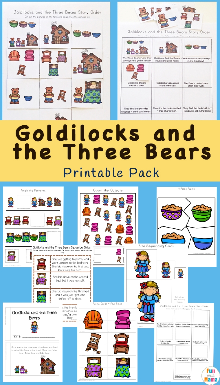 Pre-K students cutting and pasting story pictures in order for the Goldilocks and the Three Bears sequence worksheet