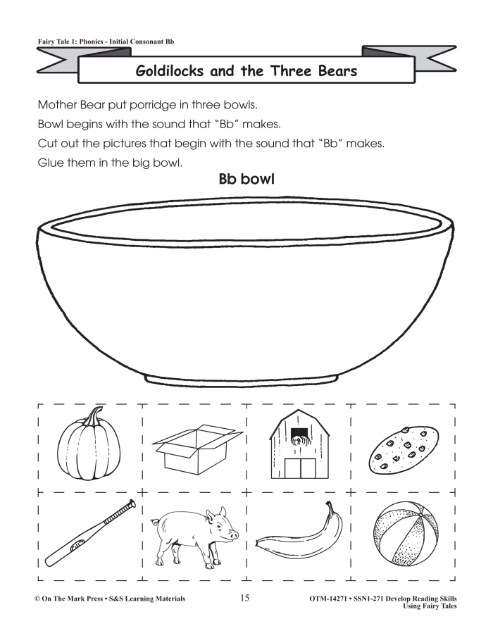 Pre-K worksheet showing Goldilocks and the Three Bears scenes for students to cut and paste in the correct story sequence