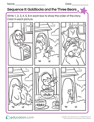 Worksheet for sequencing the story of Goldilocks and the Three Bears for Pre-K students