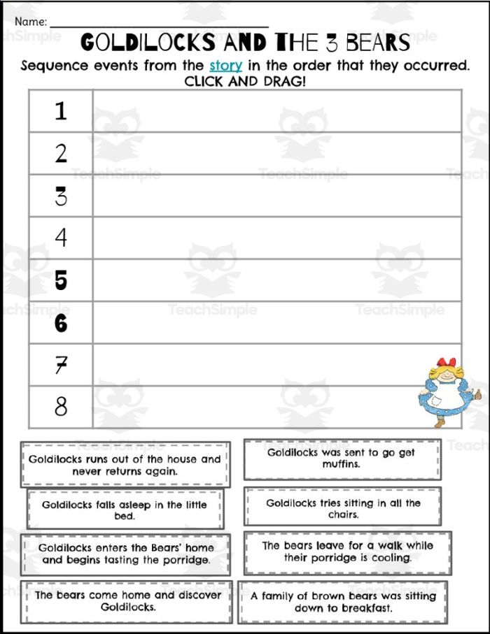 Pre-K student worksheet featuring Goldilocks and the Three Bears sequencing activity