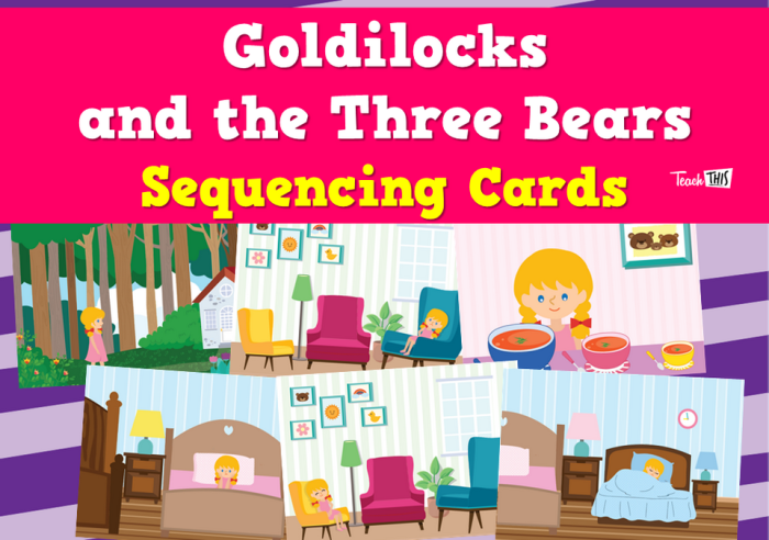 Worksheet featuring sequencing activities for Goldilocks and the Three Bears story