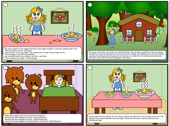 Pre-K student worksheet featuring Goldilocks and the Three Bears for practice with sequencing the story events