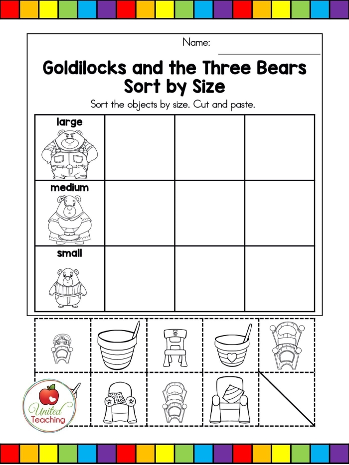 Preschool students arranging pictures of Goldilocks and the Three Bears in the correct story sequence