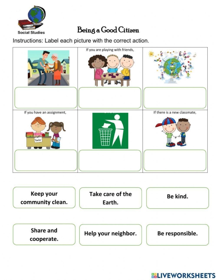 Good Citizen worksheet for second graders illustrating various ways to contribute positively to society
