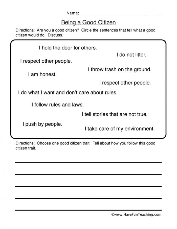Good Citizen worksheet for second graders with examples of civic responsibilities