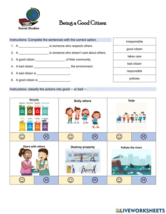 Good Citizen worksheet for second graders featuring examples of civic responsibility