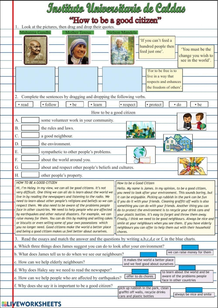 Second grade social studies worksheet showcasing examples of being a good citizen through daily acts of kindness