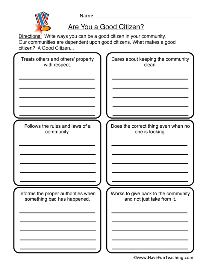 Worksheet illustrating good citizenship examples for second graders