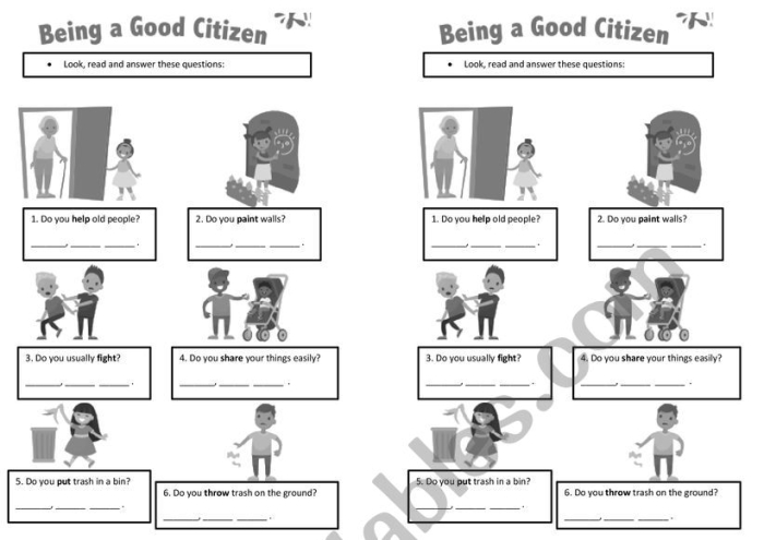 Good Citizen worksheet for second graders featuring examples of civic responsibility