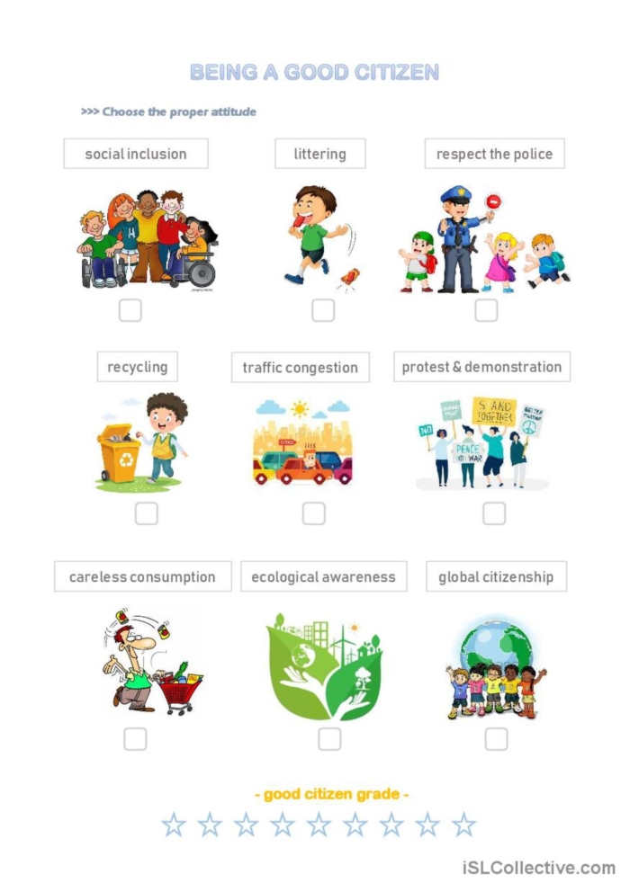 Second grade social studies worksheet highlighting examples of good citizenship like voting and cleaning up