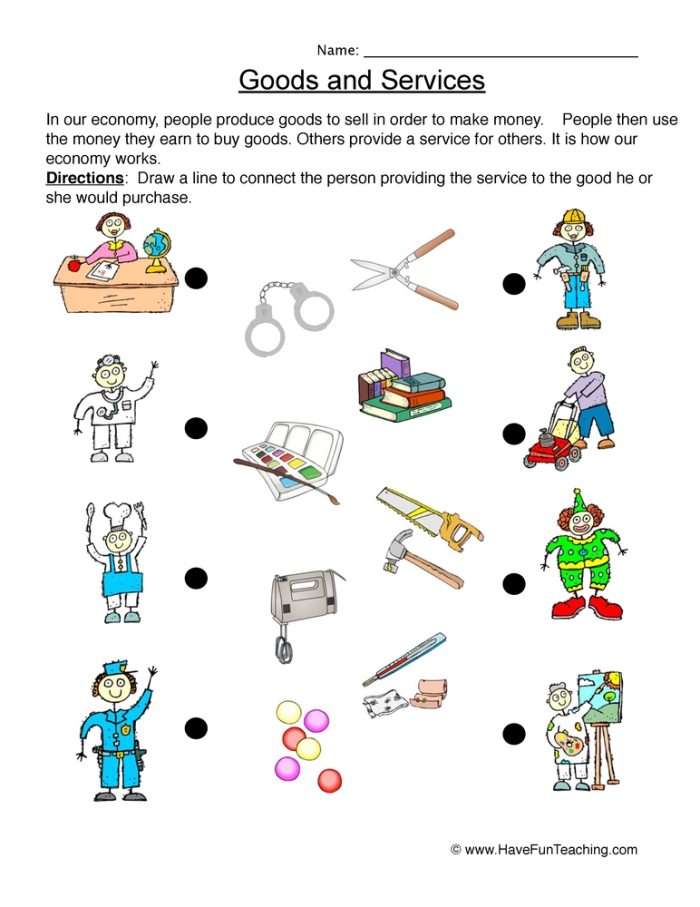 Fun introduction to economics worksheet image for grade 2 students Examples of Goods and Services worksheet for second graders focusing on subtraction concepts