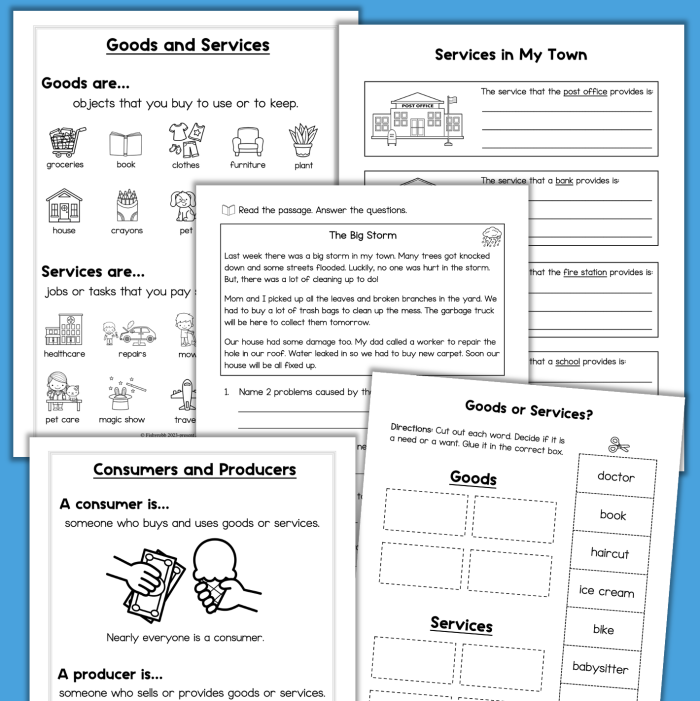 First grade worksheet activity focusing on identifying whether a worker provides goods or a service