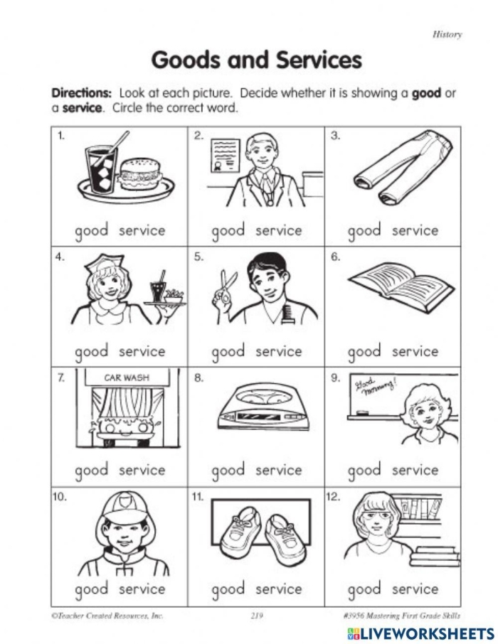 First grade students identifying different community workers as providing goods or services in this grammar worksheet.