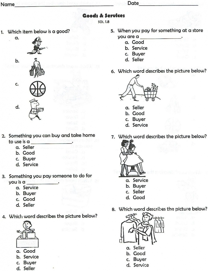First grade worksheet illustration showing children identifying whether different workers provide goods or services to customers