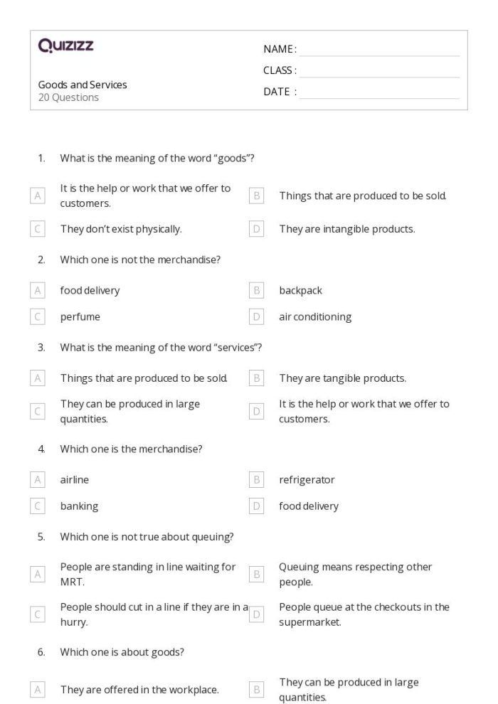 First grade student worksheet featuring illustrations to help distinguish between goods and services