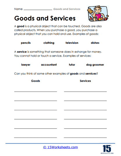 A first grade worksheet showing illustrated workers with labels for children to identify whether they sell goods or provide services to customers