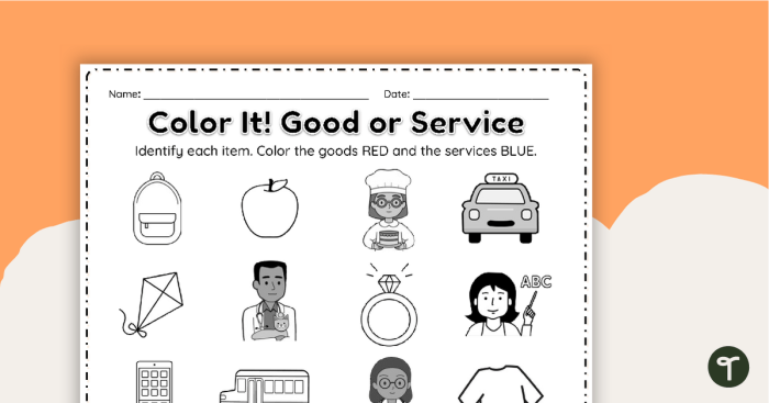 First grade worksheet illustrating the difference between goods and services for students
