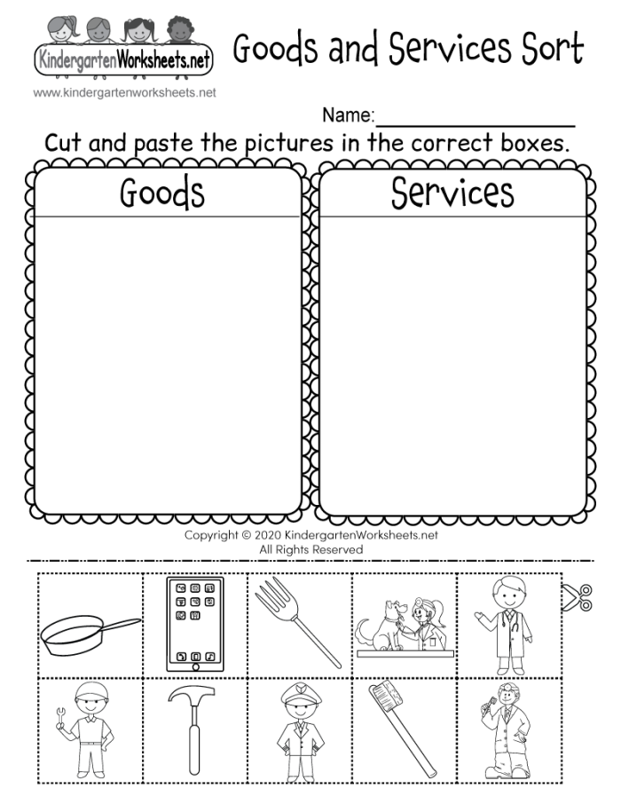 Children identifying whether workers provide goods or services in a first grade grammar worksheet
