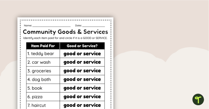 Engaging worksheet image introducing economics to young learners Examples of Goods and Services worksheet for second graders focusing on subtraction concepts