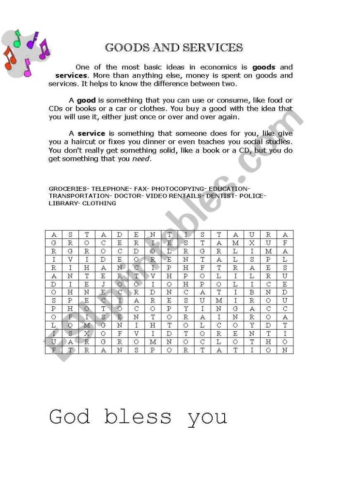 A first grade worksheet showing illustrations of different workers with words identifying whether they sell goods or provide services to customers