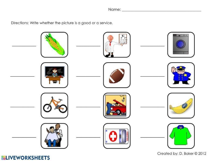 First grade students identifying the difference between goods and services in a 23rd lesson worksheet