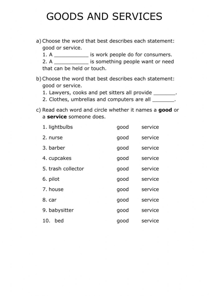 First grade students identifying the difference between goods and services in a 24th lesson worksheet