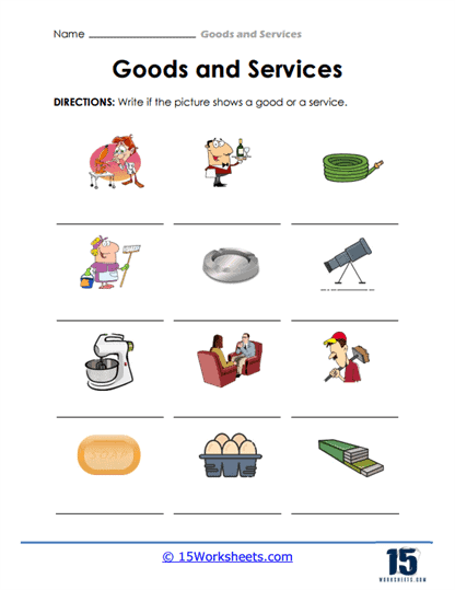 Engaging economics worksheet for teaching the difference between goods and services Worksheet featuring examples of goods and services for second graders learning subtraction